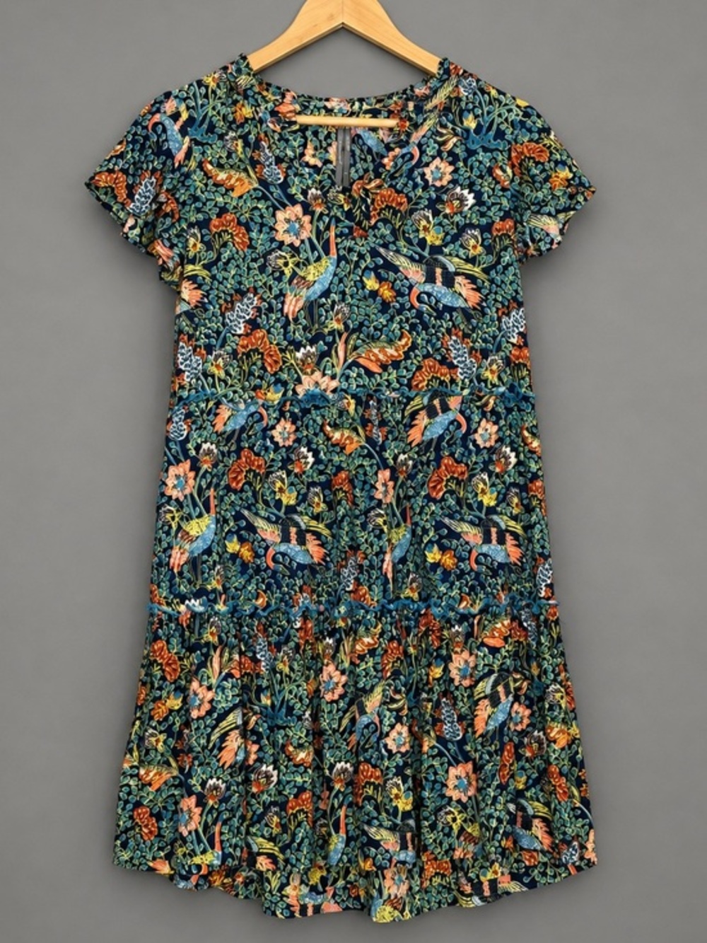 Anthropologie Penrose Tiered Tunic Mini SS Dress Floral Birds Blue Bohemian M